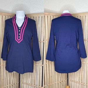 Lilly Pulitzer Navy & Pink Tunic Top with Ivory Buttons 3/4 Sleeves Size M
